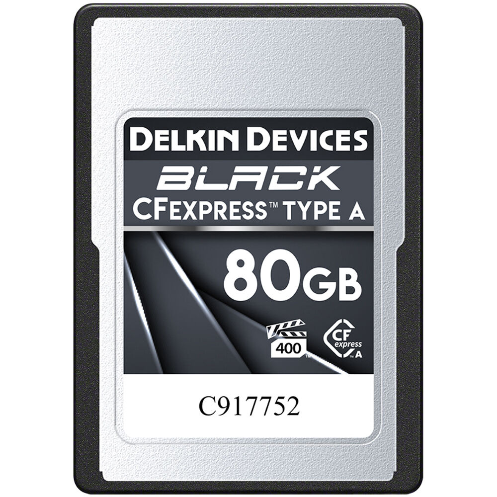 Delkin 80GB CFexpress Type A memory card, PCIe 3.0, up to 880MB/s read and 730MB/s write speeds for professional video recording and photography.
