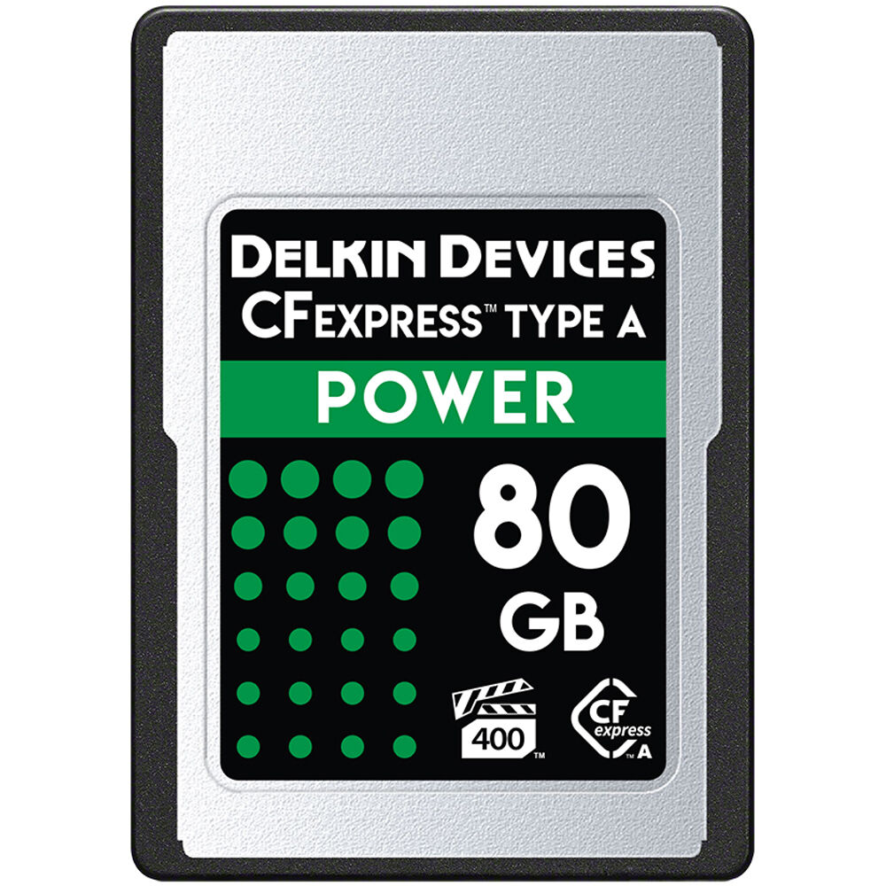 Delkin Devices 80GB POWER CFexpress Type A Memory Card with 880 MB/s read and 730 MB/s write speeds for professional cameras.
