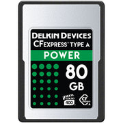 Delkin Devices 80GB POWER CFexpress Type A Memory Card with 880 MB/s read and 730 MB/s write speeds for professional cameras.
