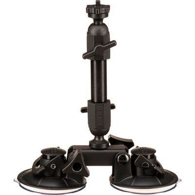 Delkin Devices Fat Gecko Dual-Suction Camera Mount, featuring two ~7 cm industrial-grade suction cups connected to a central adjustable arm with multiple locking joints, topped by a ¼-20 mounting screw and 360° ball-head for versatile camera positioning.