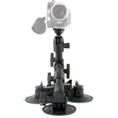 Delkin Devices Fat Gecko Triple Mount featuring three large industrial locking suction cups on a robust adjustable arm, slide-and-lock mechanism, and universal ¼-20 tripod head—designed for secure angled positioning with six adjustment points.