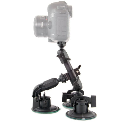 Delkin Devices Fat Gecko Triple Mount featuring three large industrial locking suction cups on a robust adjustable arm, slide-and-lock mechanism, and universal ¼-20 tripod head—designed for secure angled positioning with six adjustment points.