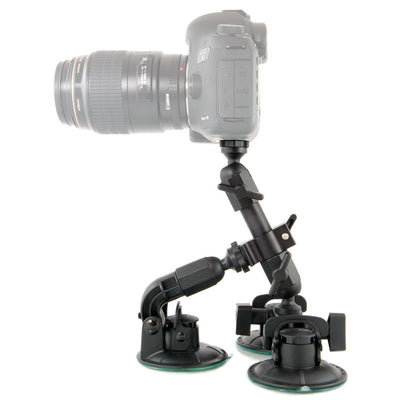 Delkin Devices Fat Gecko Triple Mount featuring three large industrial locking suction cups on a robust adjustable arm, slide-and-lock mechanism, and universal ¼-20 tripod head—designed for secure angled positioning with six adjustment points.
