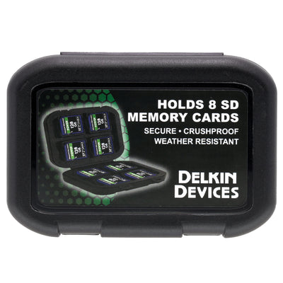 Delkin Devices Memory Card Tote with 8 slots, weatherproof and shock-resistant protective case for SD and CFexpress cards.