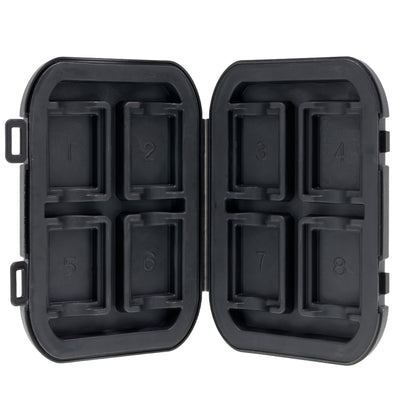 Delkin Devices Memory Card Tote with 8 slots, weatherproof and shock-resistant protective case for SD and CFexpress cards.
