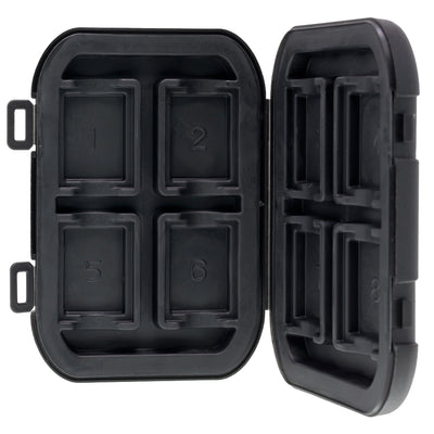 Delkin Devices Memory Card Tote with 8 slots, weatherproof and shock-resistant protective case for SD and CFexpress cards.