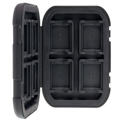 Delkin Devices Memory Card Tote with 8 slots, weatherproof and shock-resistant protective case for SD and CFexpress cards.