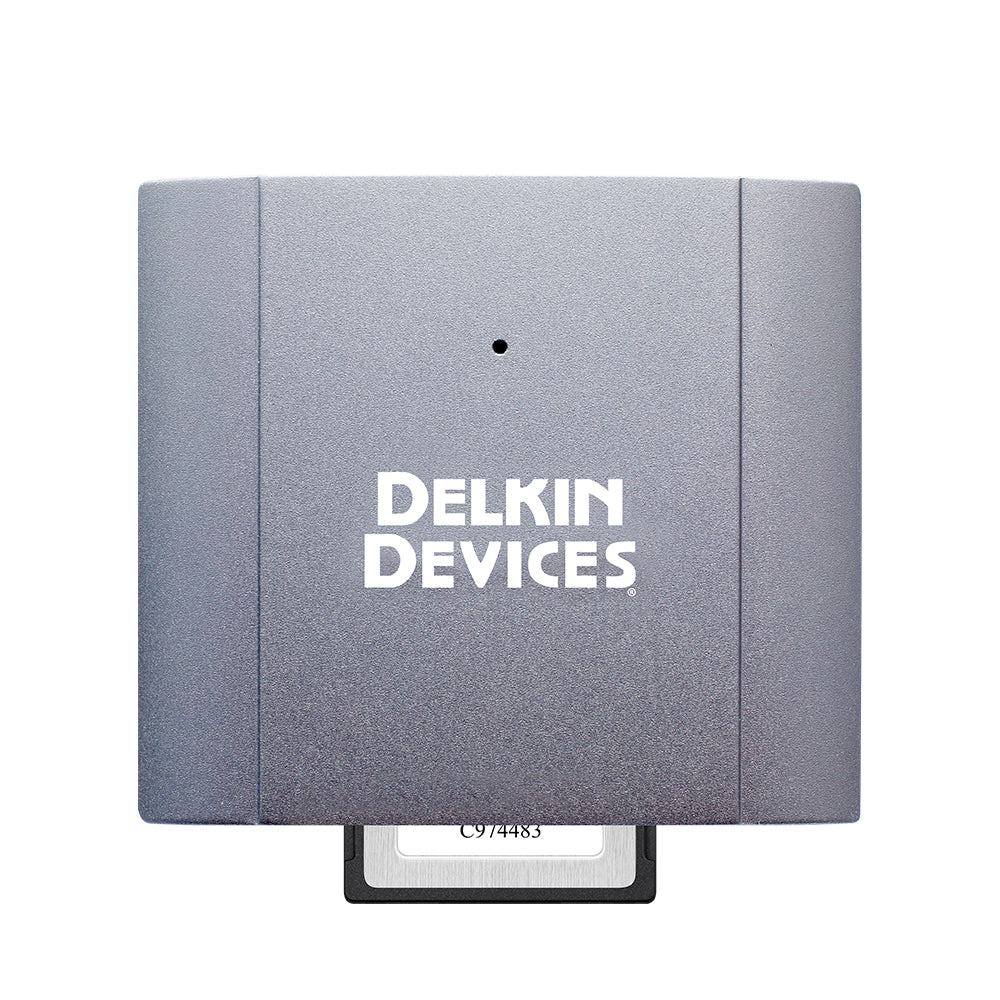 Delkin CFexpress Type B memory card reader top view with card