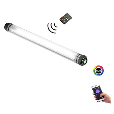LUXCEO P7RGB Pro 40 cm waterproof RGB tube light with built-in battery, smartphone app control, and ¼″-20 mounting thread.
