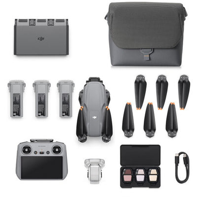 DJI Air 3S drone with dual 1-inch CMOS cameras, 45-min flight time, omnidirectional obstacle sensing, and DJI RC 2 controller