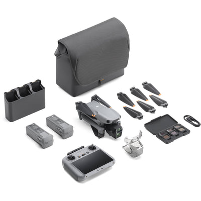 DJI Air 3S drone with dual 1-inch CMOS cameras, 45-min flight time, omnidirectional obstacle sensing, and DJI RC 2 controller