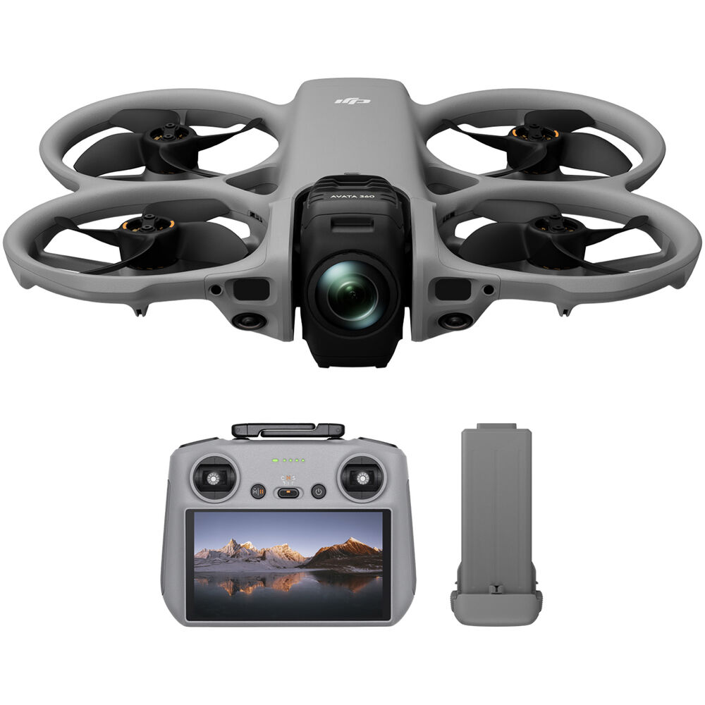 DJI Avata 360 performing a high-speed manoeuvre, capturing 8K spherical video with omnidirectional obstacle sensing active.
