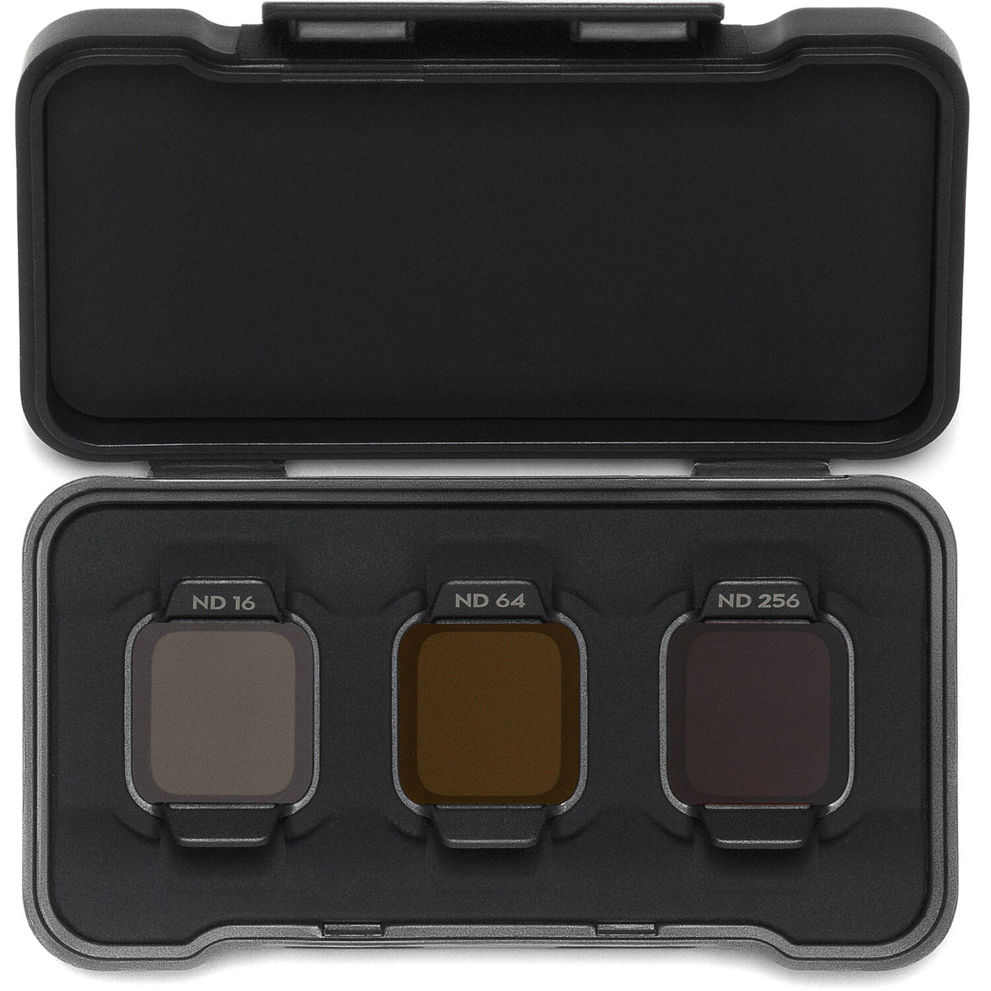 A set of three square DJI Avata 2 ND filters are displayed inside a small, black case.