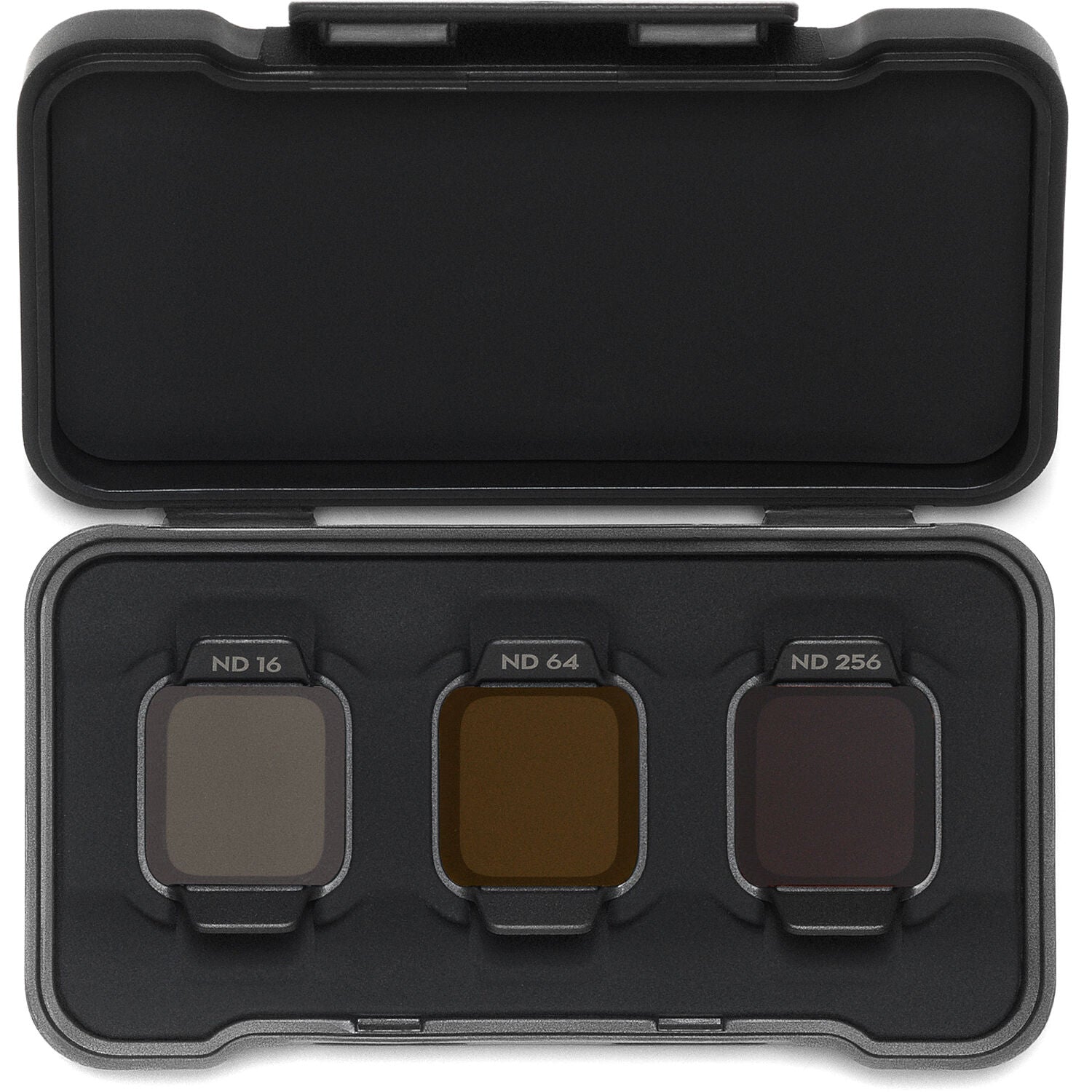 A set of three square DJI Avata 2 ND filters are displayed inside a small, black case.
