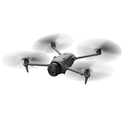 A grey DJI Mavic 4 Pro drone is shown from the front with its four arms extended and its triple-camera system visible
