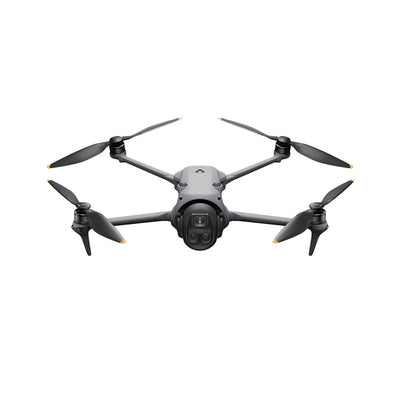 A grey DJI Mavic 4 Pro drone is shown from the front with its four arms extended and its triple-camera system visible