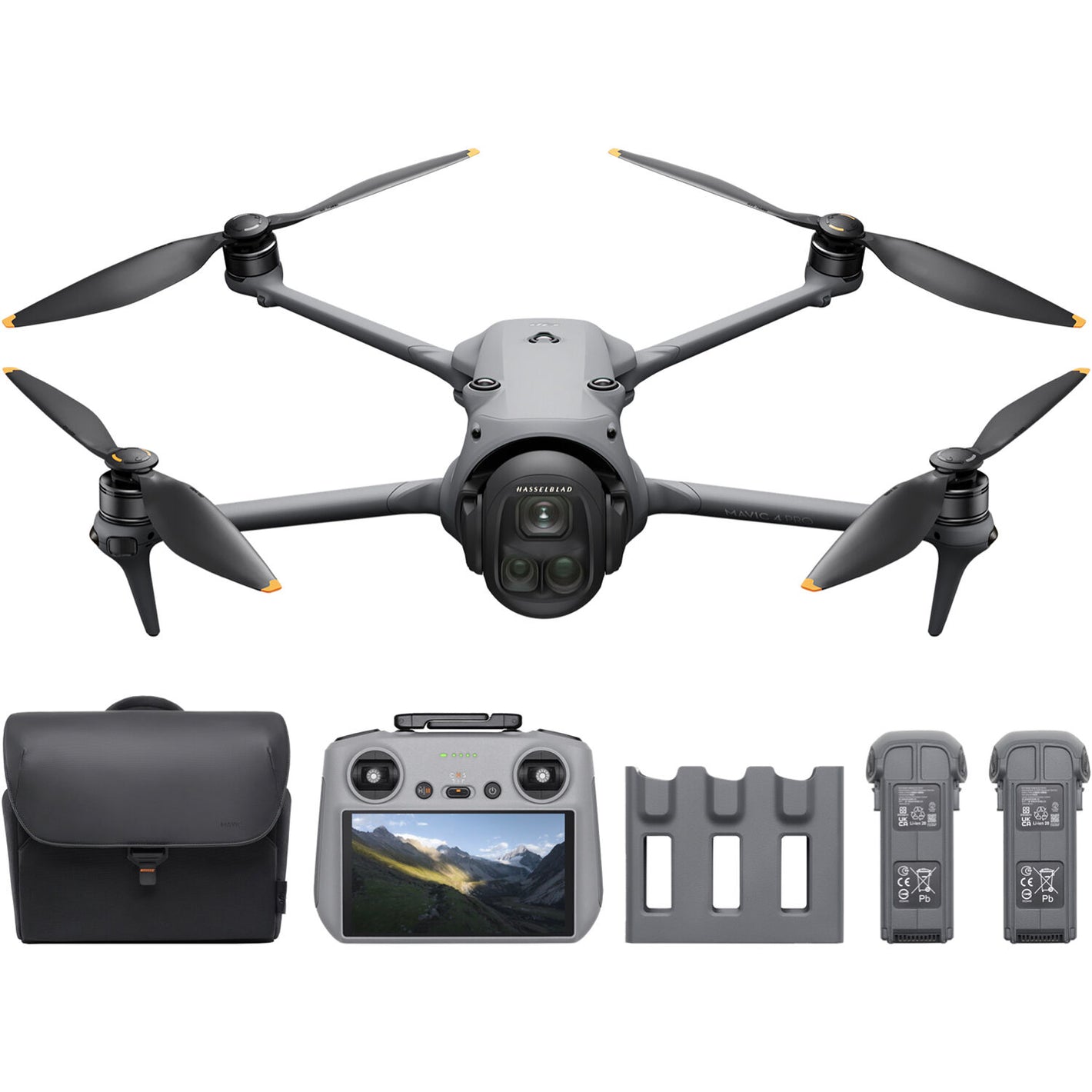 A grey DJI Mavic 4 Pro drone is shown from the front with its four arms extended and its triple-camera system visible