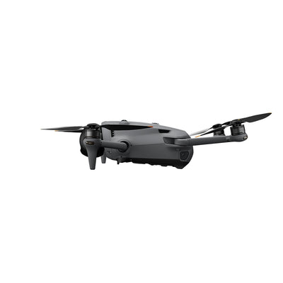 A grey DJI Mavic 4 Pro drone is shown from the front with its four arms extended and its triple-camera system visible