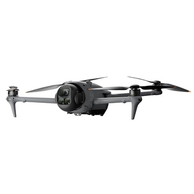 A grey DJI Mavic 4 Pro drone is shown from the front with its four arms extended and its triple-camera system visible