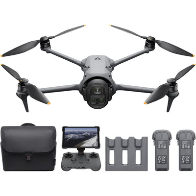High-resolution image of the DJI Mavic 4 Pro drone 512GB Creator Combo featuring a triple-camera system including a 100MP Hasselblad camera, dual telephoto lenses, and a 360° rotating gimba