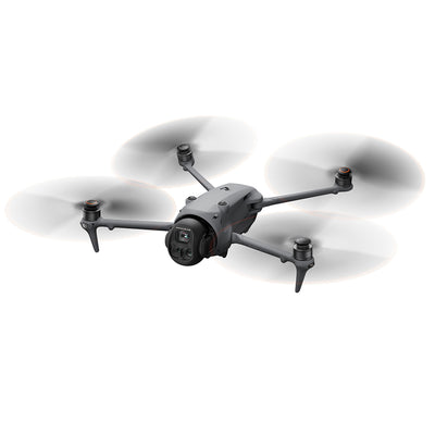 High-resolution image of the DJI Mavic 4 Pro drone 512GB Creator Combo featuring a triple-camera system including a 100MP Hasselblad camera, dual telephoto lenses, and a 360° rotating gimba