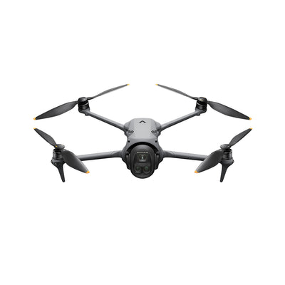 High-resolution image of the DJI Mavic 4 Pro drone 512GB Creator Combo featuring a triple-camera system including a 100MP Hasselblad camera, dual telephoto lenses, and a 360° rotating gimba