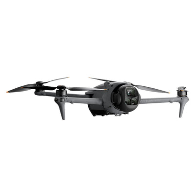 High-resolution image of the DJI Mavic 4 Pro drone 512GB Creator Combo featuring a triple-camera system including a 100MP Hasselblad camera, dual telephoto lenses, and a 360° rotating gimba