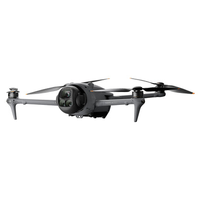 High-resolution image of the DJI Mavic 4 Pro drone 512GB Creator Combo featuring a triple-camera system including a 100MP Hasselblad camera, dual telephoto lenses, and a 360° rotating gimba