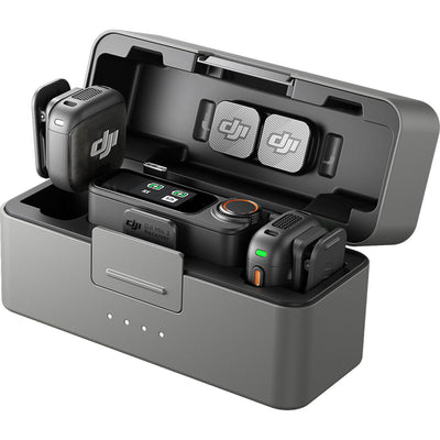 DJI Mic 3 wireless microphone system with transmitters, receiver, and charging case.