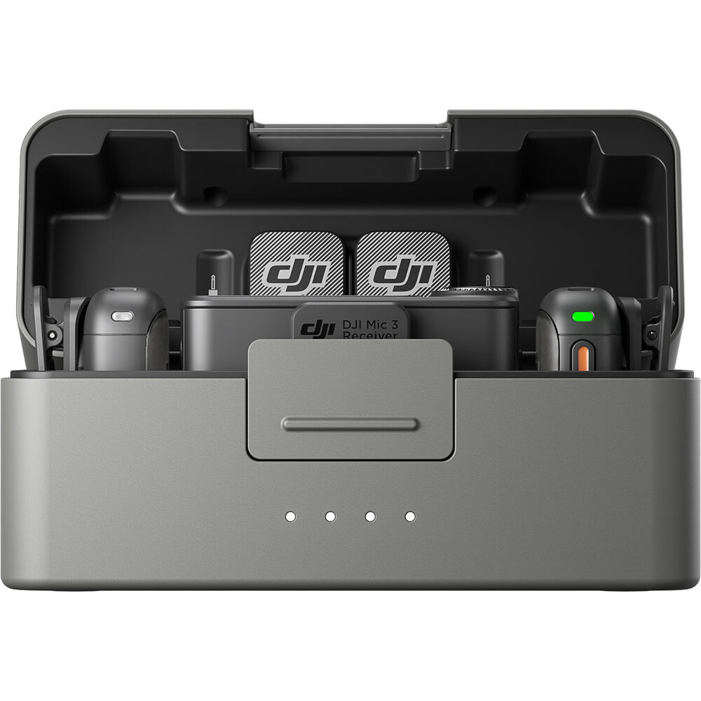 DJI Mic 3 wireless microphone system with transmitters, receiver, and charging case.