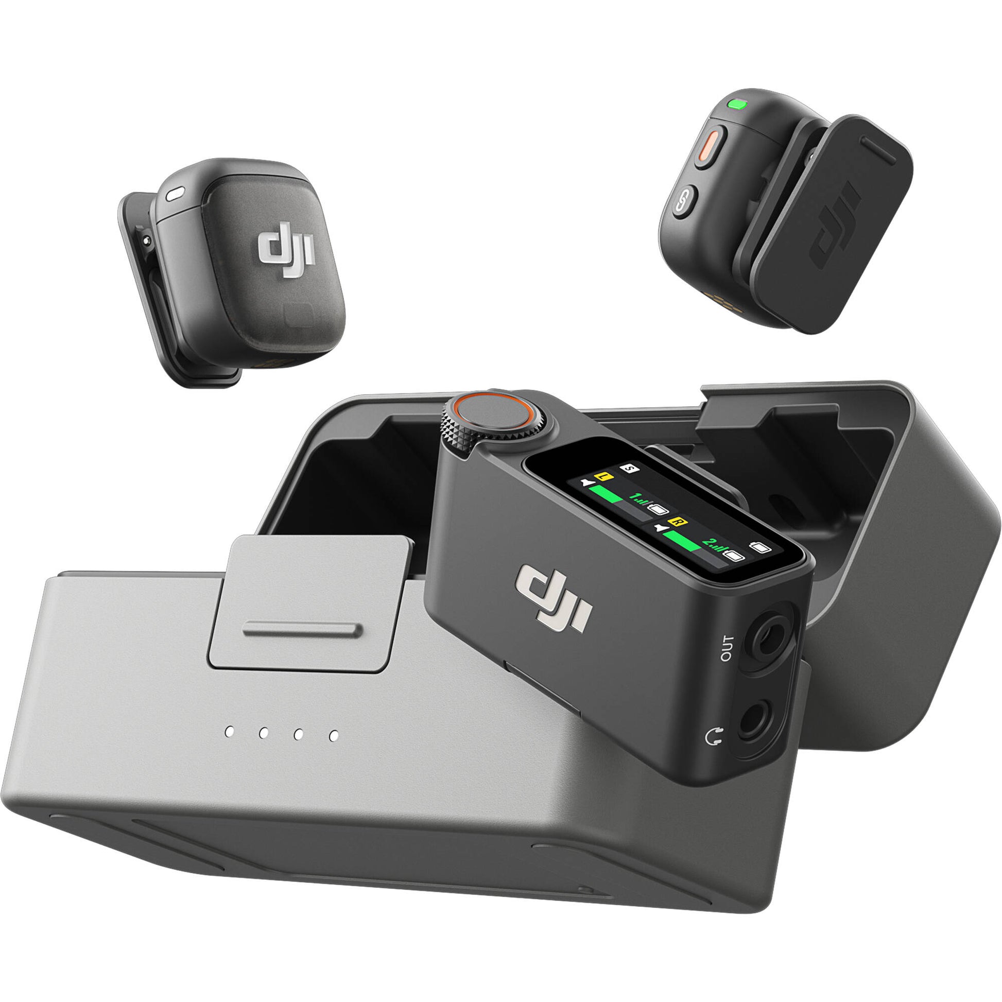 DJI Mic 3 wireless microphone system with transmitters, receiver, and charging case.