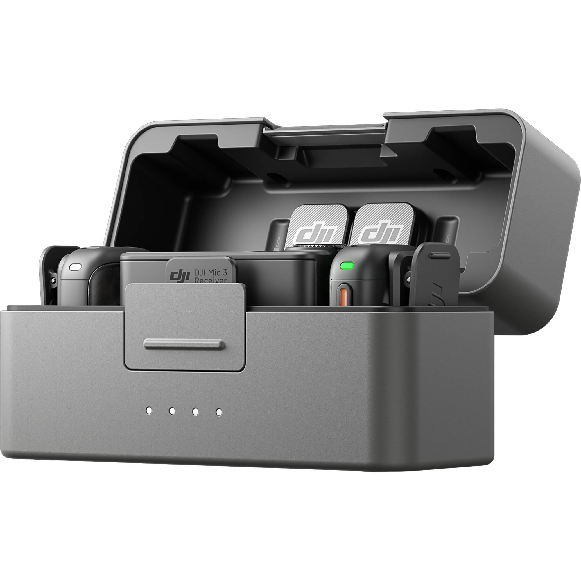 DJI Mic 3 wireless microphone system with transmitters, receiver, and charging case.