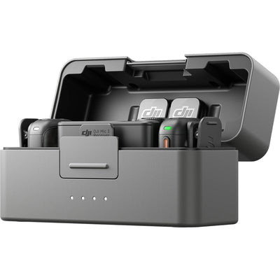 DJI Mic 3 wireless microphone system with transmitters, receiver, and charging case.