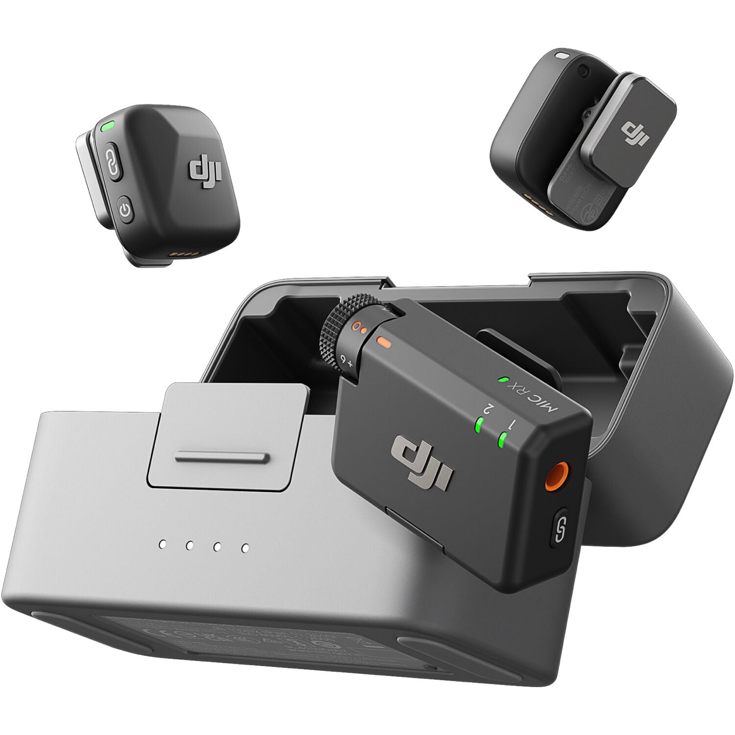 DJI Mic Mini wireless microphone with dual transmitters, compact charging case, noise cancellation, and long battery life for content creators.
