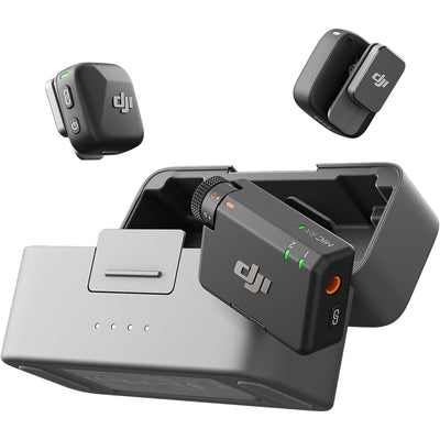 DJI Mic Mini wireless microphone with dual transmitters, compact charging case, noise cancellation, and long battery life for content creators.