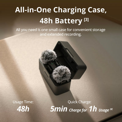 DJI Mic Mini wireless microphone with dual transmitters, compact charging case, noise cancellation, and long battery life for content creators.