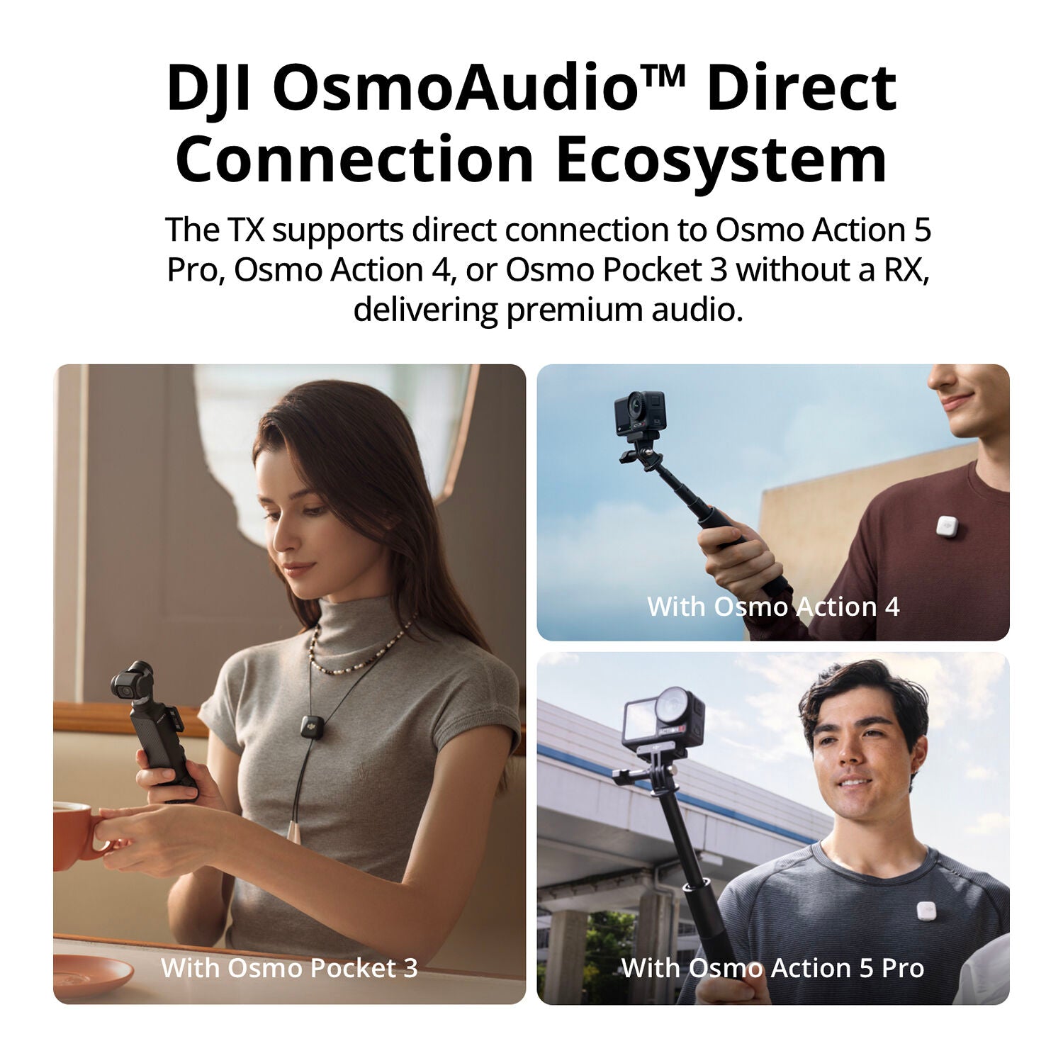 DJI Mic Mini wireless microphone with dual transmitters, compact charging case, noise cancellation, and long battery life for content creators.