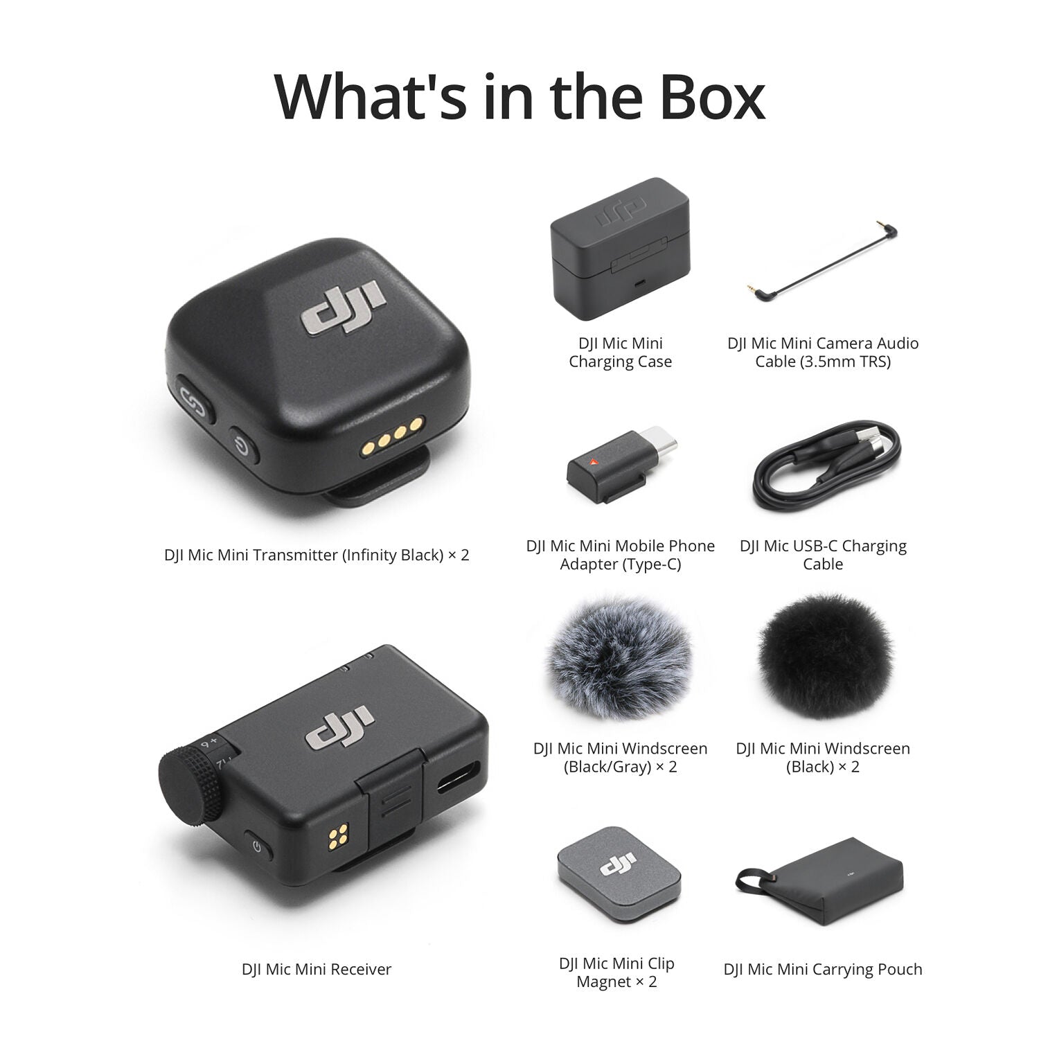 DJI Mic Mini wireless microphone with dual transmitters, compact charging case, noise cancellation, and long battery life for content creators.