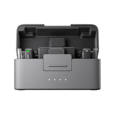 DJI Mic Mini wireless microphone with dual transmitters, compact charging case, noise cancellation, and long battery life for content creators.