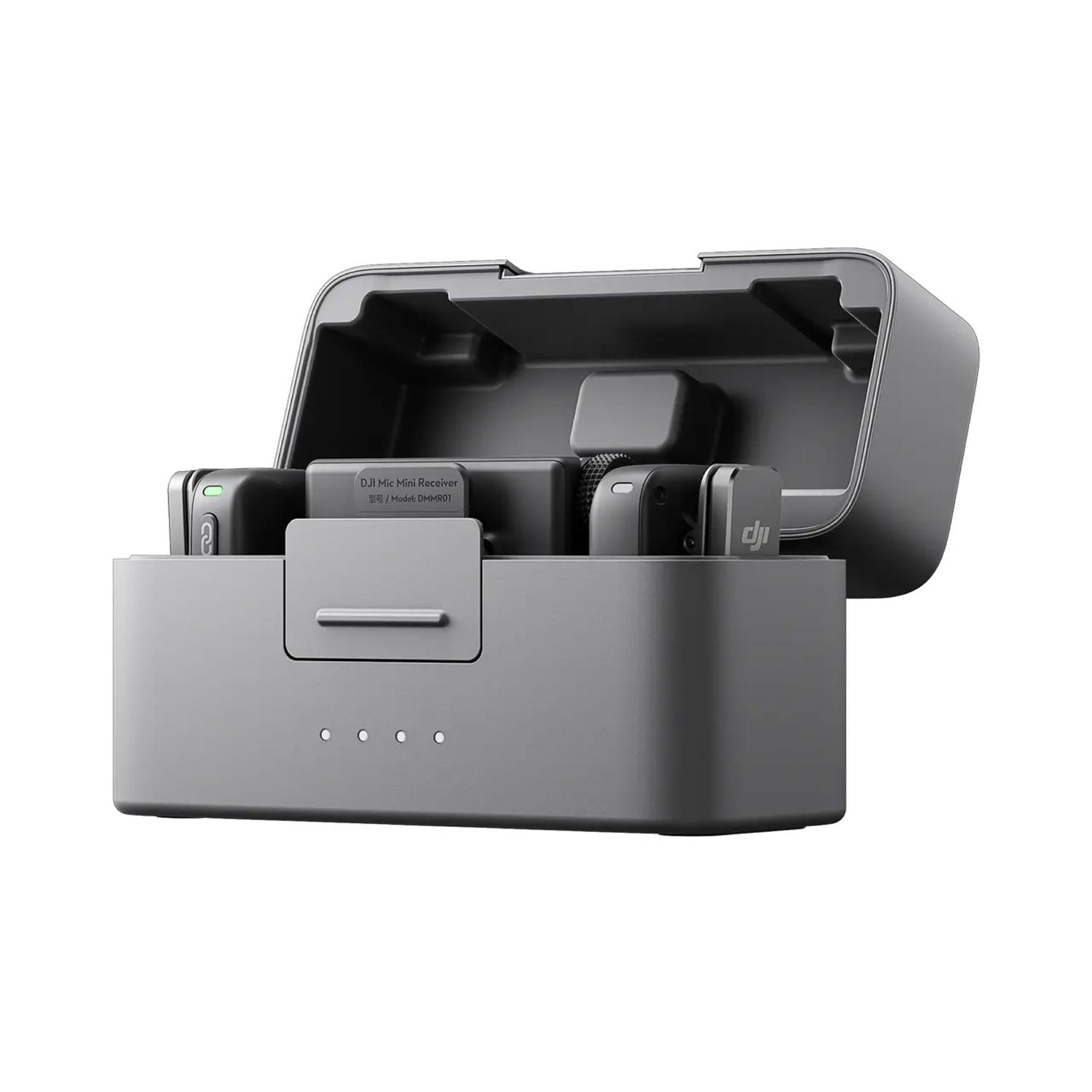 DJI Mic Mini wireless microphone with dual transmitters, compact charging case, noise cancellation, and long battery life for content creators.