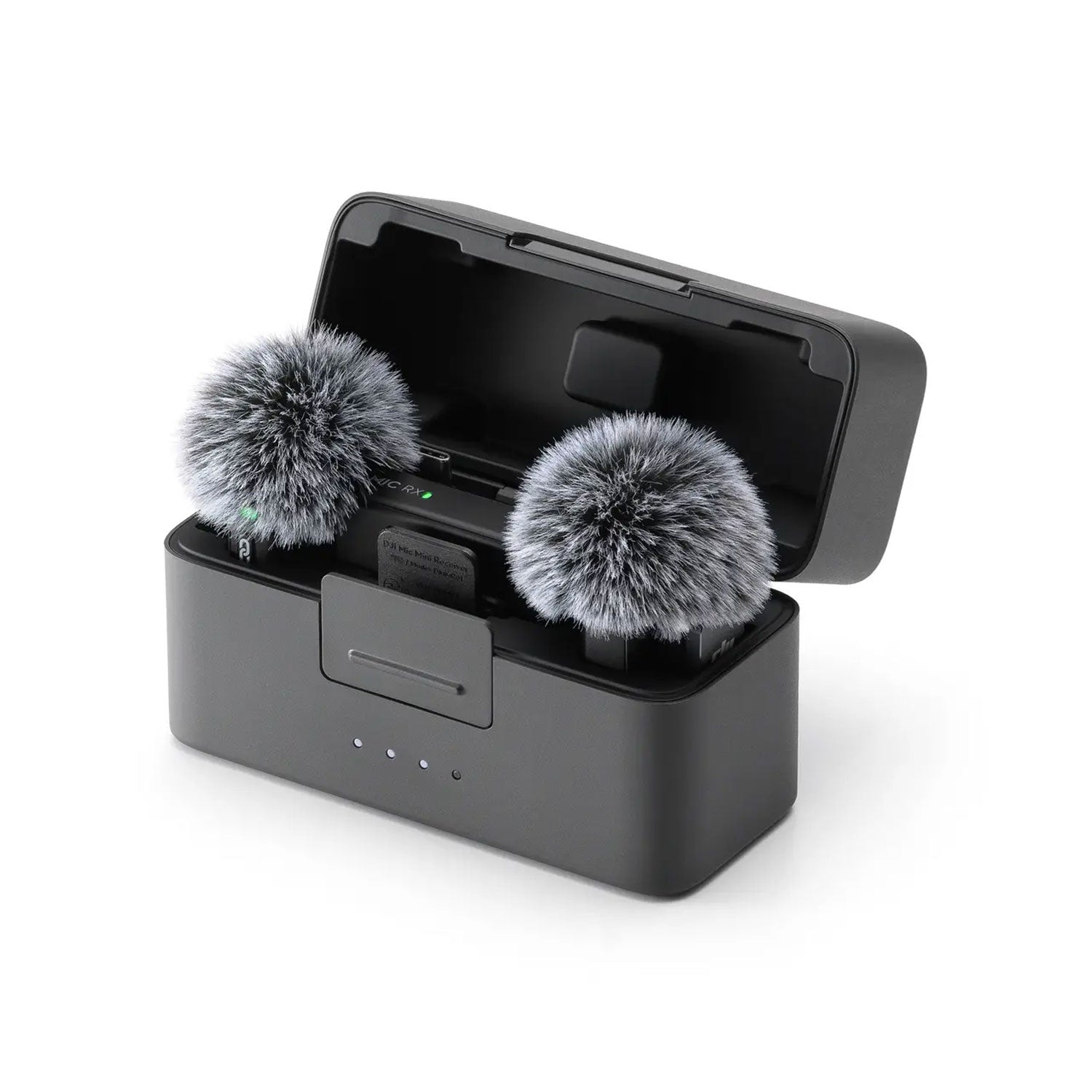 DJI Mic Mini wireless microphone with dual transmitters, compact charging case, noise cancellation, and long battery life for content creators.