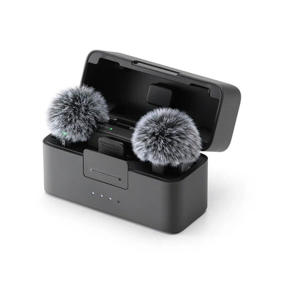 DJI Mic Mini wireless microphone with dual transmitters, compact charging case, noise cancellation, and long battery life for content creators.