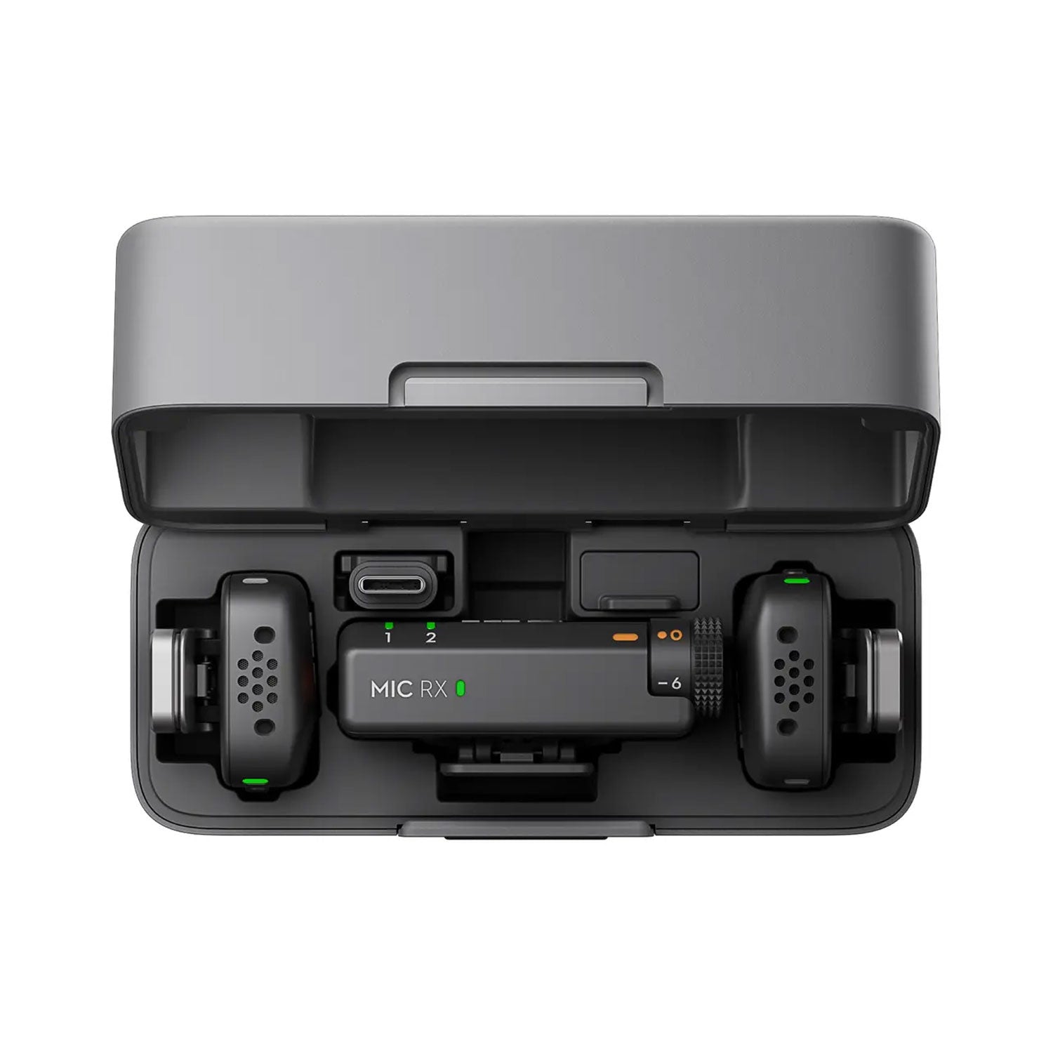 DJI Mic Mini wireless microphone with dual transmitters, compact charging case, noise cancellation, and long battery life for content creators.