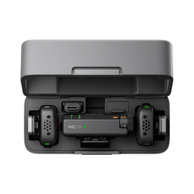 DJI Mic Mini wireless microphone with dual transmitters, compact charging case, noise cancellation, and long battery life for content creators.