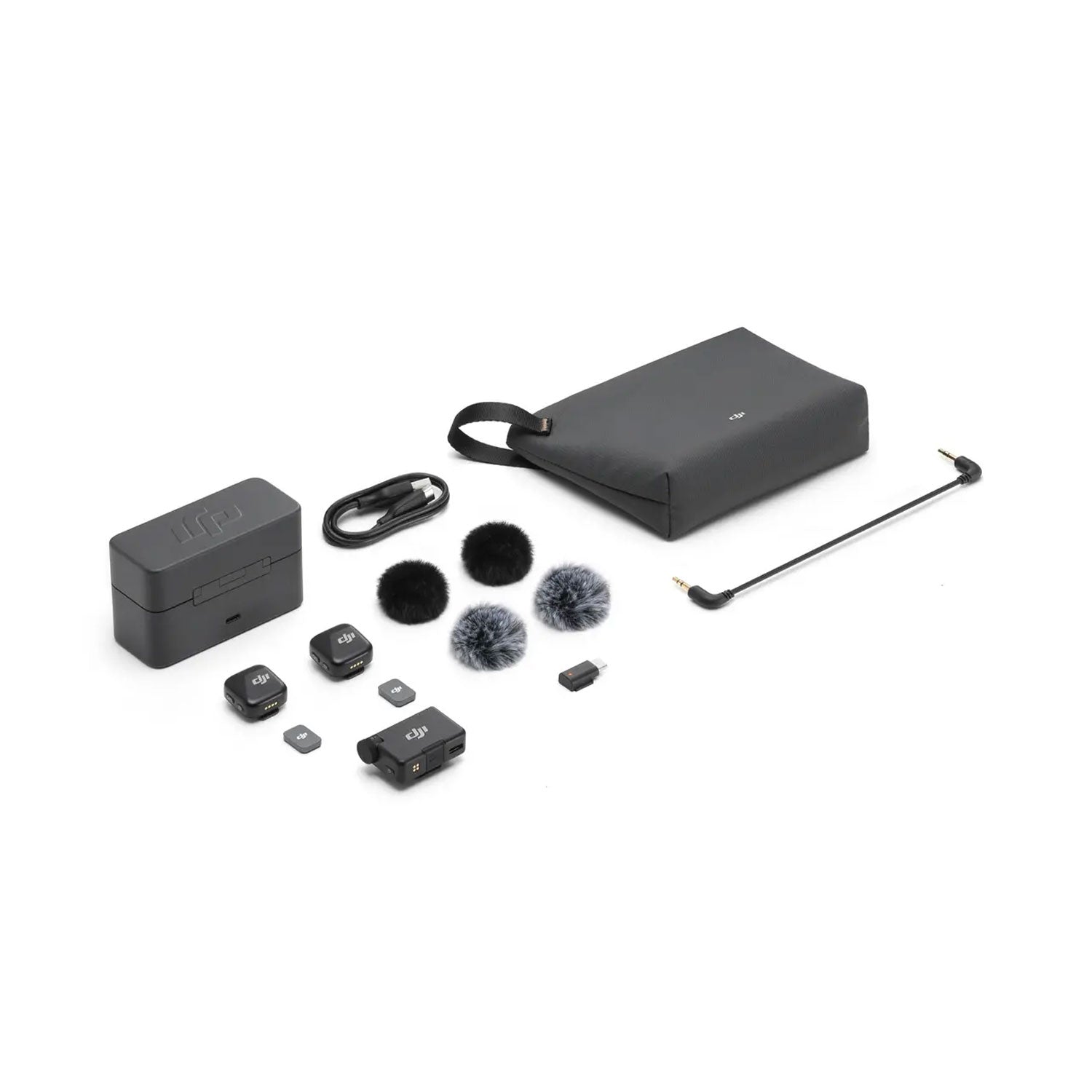 DJI Mic Mini wireless microphone with dual transmitters, compact charging case, noise cancellation, and long battery life for content creators.
