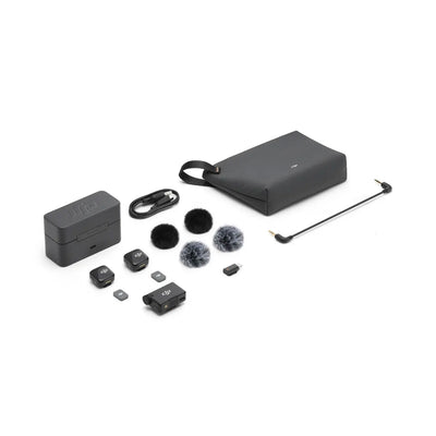 DJI Mic Mini wireless microphone with dual transmitters, compact charging case, noise cancellation, and long battery life for content creators.