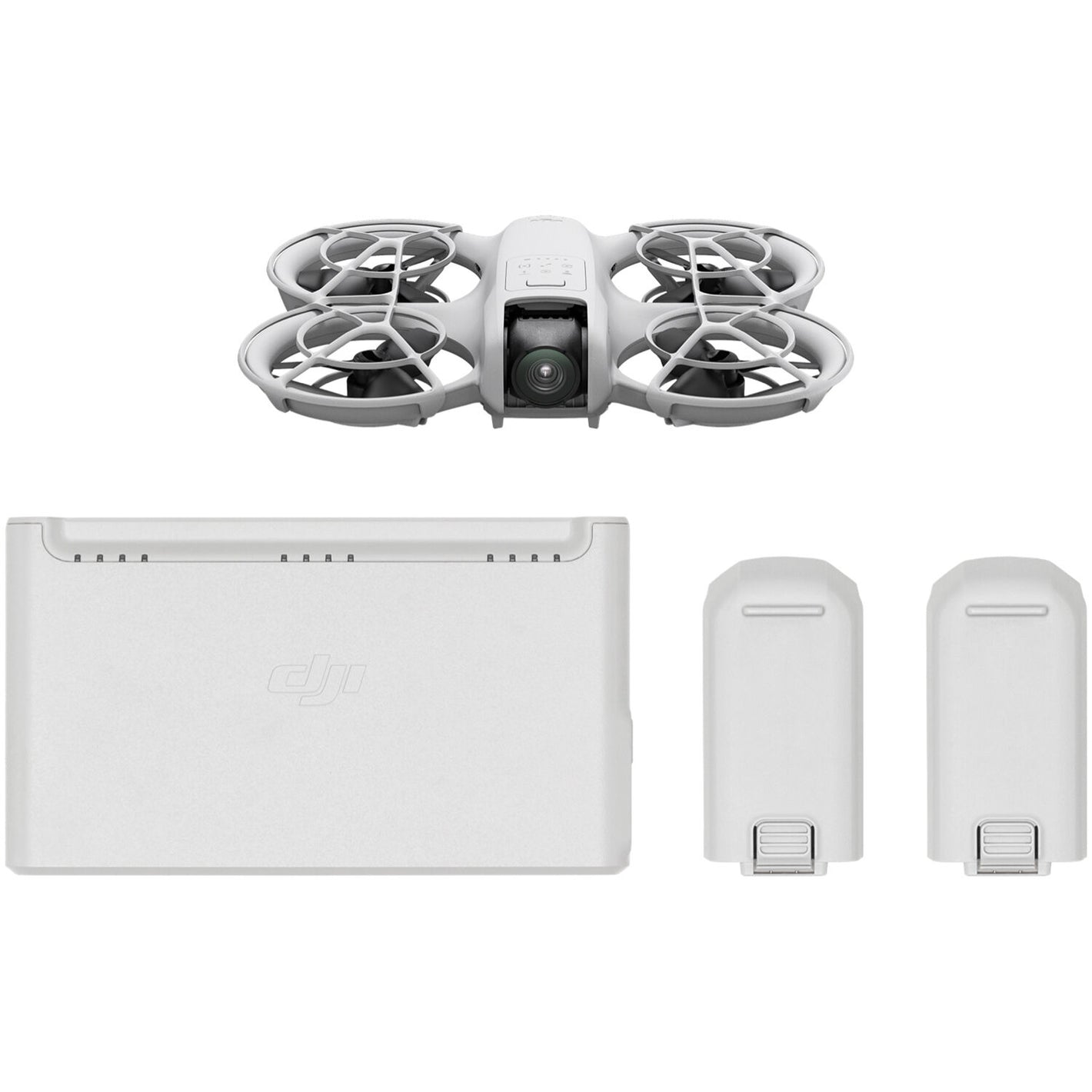 White drone with accessories on a white background