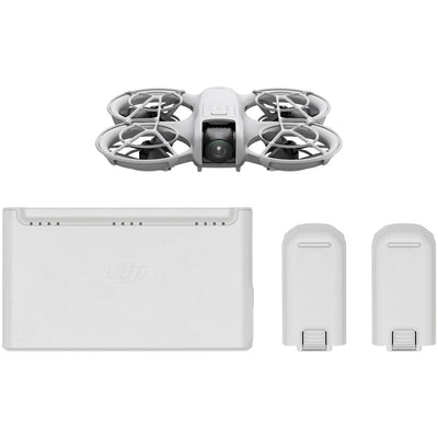 White drone with accessories on a white background