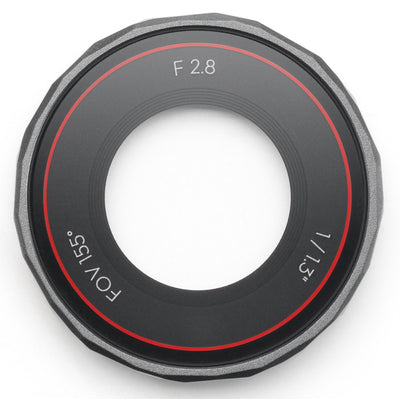 DJI Osmo Action 5 Pro glass lens cover — thin circular high-strength glass protector with hydrophobic AF coating beside an Osmo Action 5 Pro camera.