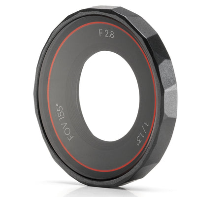 DJI Osmo Action 5 Pro glass lens cover — thin circular high-strength glass protector with hydrophobic AF coating beside an Osmo Action 5 Pro camera.